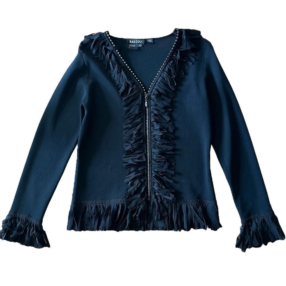 Radzoli Fringe Black Jacket Rhinestone Zipper Wrinkle Resistant Long Sleeves XL